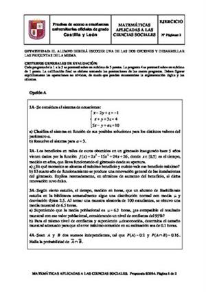 Examen de Selectividad: Matemáticas CCSS. Castilla y León. Convocatoria Junio 2014
