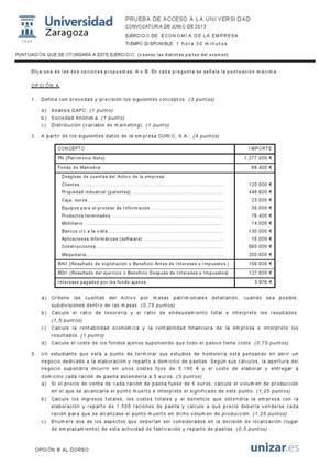 Examen de Selectividad: Economía. Aragón. Convocatoria Junio 2013