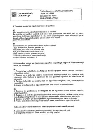 Examen de Selectividad: Latín. La Rioja. Convocatoria Junio 2013