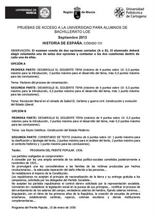 Examen de Selectividad: Historia de España. Murcia. Convocatoria Septiembre 2013