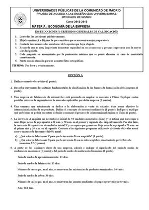 Examen de Selectividad: Economía. Madrid. Convocatoria Junio 2013