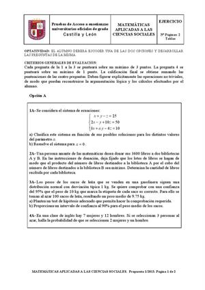 Examen de Selectividad: Matemáticas CCSS. Castilla y León. Convocatoria Septiembre 2013