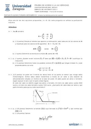 Examen de Selectividad: Matemáticas II. Aragón. Convocatoria Junio 2013