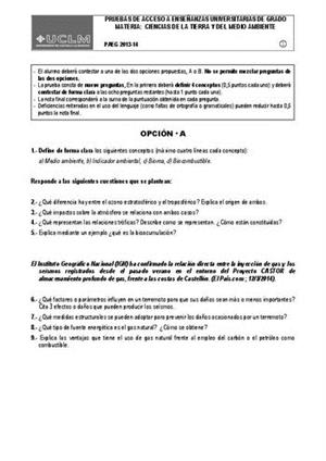 Examen de Selectividad: Ciencias de la Tierra. Castilla-La Mancha. Convocatoria Junio 2014