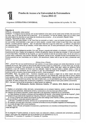 Examen de Selectividad: Literatura universal. Extremadura. Convocatoria Septiembre 2013