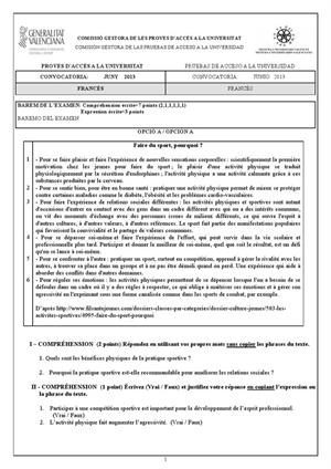 Examen de Selectividad: Francés. Comunidad Valenciana. Convocatoria Junio 2013