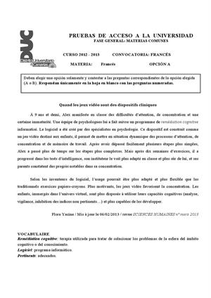 Examen de Selectividad: Francés. Canarias. Convocatoria Julio 2013