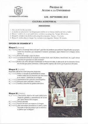 Examen de Selectividad: Cultura audiovisual. Cantabria. Convocatoria Septiembre 2013