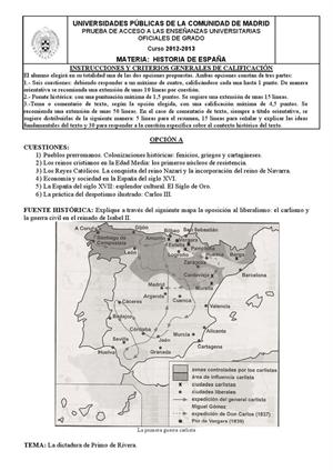 Examen de Selectividad: Historia de España. Madrid. Convocatoria Junio 2013