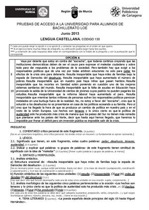 Examen de Selectividad: Lengua castellana y su Literatura. Murcia. Convocatoria Junio 2013