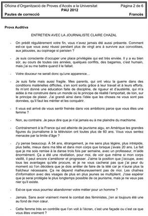 Examen de Selectividad (Soluciones): Francés. Cataluña. Convocatoria Junio 2012