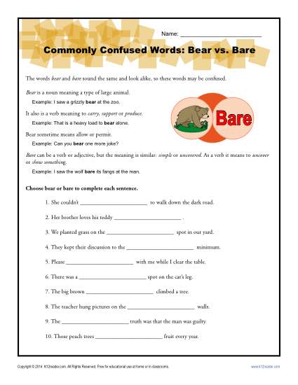 Bear vs. Bare – Commonly Confused Words Worksheet