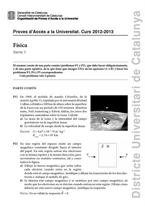Examen de Selectividad: Física. Cataluña. Convocatoria Septiembre 2013