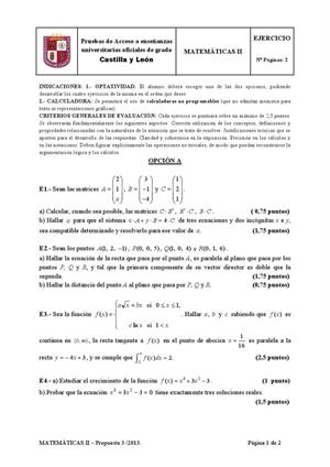 Examen de Selectividad: Matemáticas II. Castilla y León. Convocatoria Junio 2013