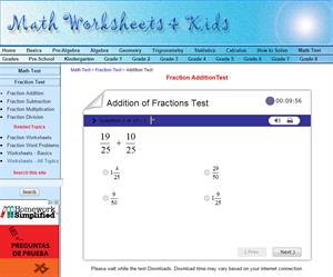 Addition of fraction test  (Math Worksheets 4 Kids)