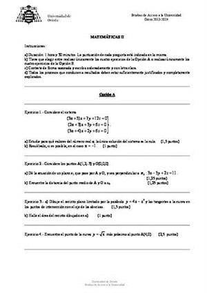 Examen de Selectividad: Matemáticas II. Asturias. Convocatoria Junio 2014