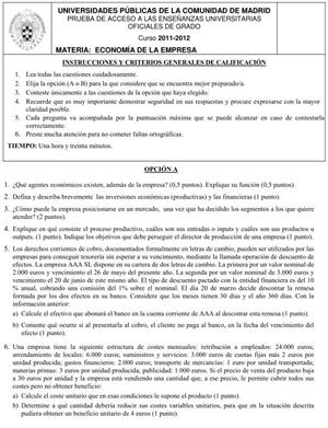 Examen de Selectividad: Economía. Comunidad de Madrid. Convocatoria Junio 2012