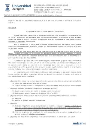 Examen de Selectividad: Francés. Aragón. Convocatoria Septiembre 2013