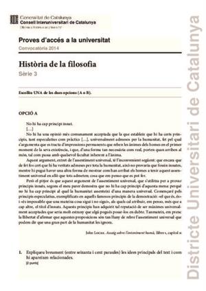Examen de Selectividad: Historia de la filosofía. Cataluña. Convocatoria Junio 2014