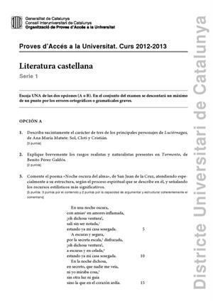 Examen de Selectividad: Literatura castellana. Cataluña. Convocatoria Septiembre 2013