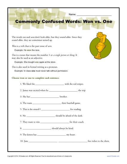 Won vs. One – Commonly Confused Words Worksheet