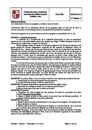 Examen de Selectividad: Francés. Castilla y León. Convocatoria Junio 2014