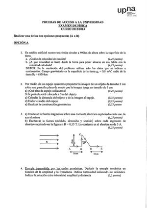 Examen de Selectividad: Física. Navarra. Convocatoria Julio 2013