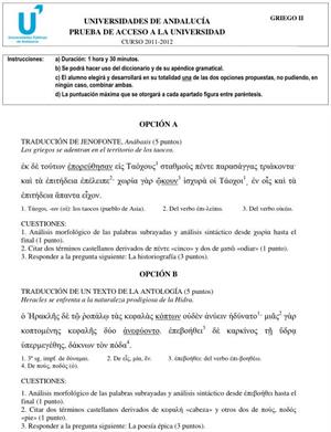 Examen de Selectividad: Griego 1. Andalucía. Convocatoria Junio 2012