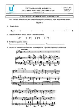 Examen de Selectividad: Lenguaje y práctica musical (hoja de respuestas 1). Andalucía. Convocatoria Junio 2013