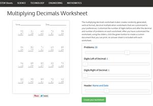 Multiplying Decimals Worksheet. Generador de ejercicios de multiplicación con decimales (STEM Sheets)