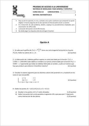 Examen de Selectividad: Matemáticas II. Comunidad Canaria. Convocatoria Junio 2014