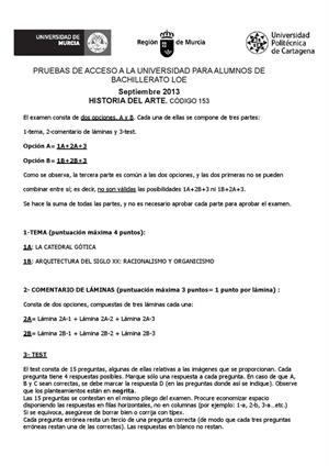 Examen de Selectividad: Historia del arte. Murcia. Convocatoria Septiembre 2013