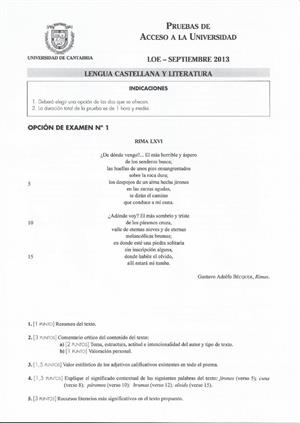 Examen de Selectividad: Lengua castellana y su Literatura. Cantabria. Convocatoria Septiembre 2013