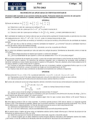 Examen de Selectividad: Matemáticas CCSS. Galicia. Convocatoria Junio 2013