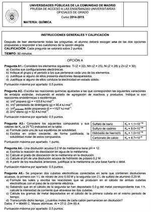 Examen de Selectividad: Química. Madrid. Convocatoria Junio 2015