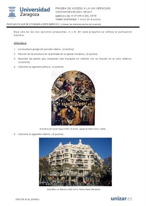 Examen de Selectividad: Historia del arte. Aragón. Convocatoria Junio 2013