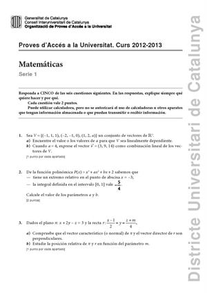 Examen de Selectividad: Matemáticas II. Cataluña. Convocatoria Septiembre 2013
