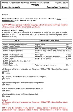 Examen de Selectividad (Soluciones): Economía. Cataluña. Convocatoria Junio 2012