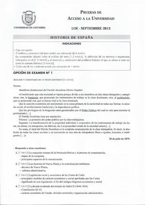 Examen de Selectividad: Historia de España. Cantabria. Convocatoria Septiembre 2013