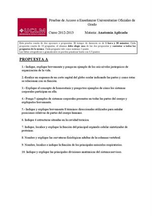 Examen de Selectividad: Anatomía aplicada. Castilla-La Mancha. Convocatoria Junio 2013