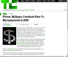 "iPhone, MySpace, Facebook Race To Micropayments In 2009", en TechCrunch por Michael Arrington