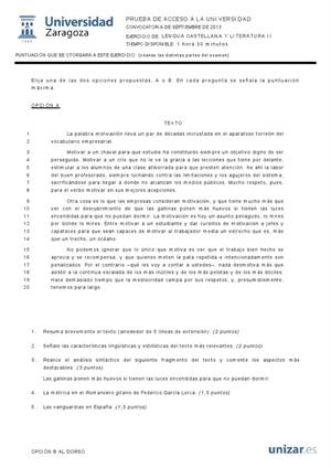 Examen de Selectividad: Lengua castellana y su Literatura. Aragón. Convocatoria Septiembre 2013