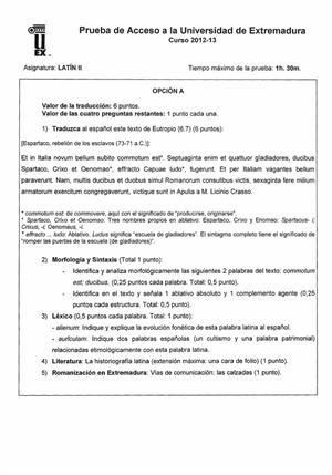 Examen de Selectividad: Latín. Extremadura. Convocatoria Septiembre 2013