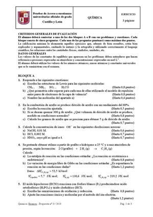 Examen de Selectividad: Química. Castilla y León. Convocatoria Junio 2013