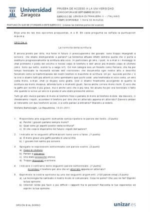 Examen de Selectividad: Italiano. Aragón. Convocatoria Septiembre 2013