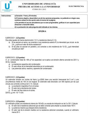Examen de Selectividad: Electrotecnia 1. Andalucía. Convocatoria Junio 2012