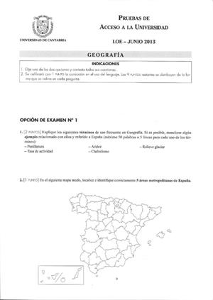 Examen de Selectividad: Geografía. Cantabria. Convocatoria Junio 2013
