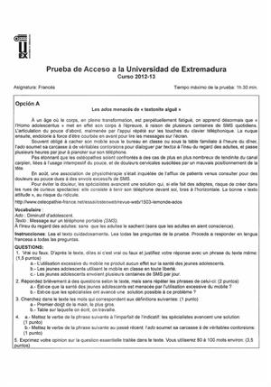 Examen de Selectividad: Francés. Extremadura. Convocatoria Junio 2013