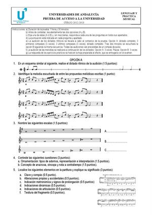 Examen de Selectividad: Lenguaje y práctica musical. Andalucía. Convocatoria Junio 2013