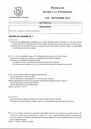Examen de Selectividad: Química. Cantabria. Convocatoria Septiembre 2013